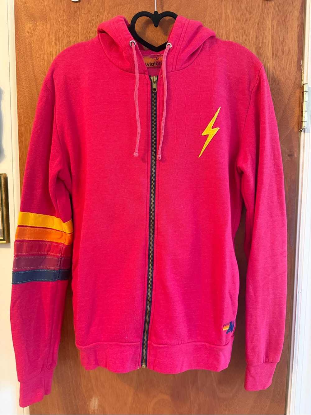 Aviator Nation Hot Pink Zip Hoodie and Sweatpants with Yellow Lightning Bolt